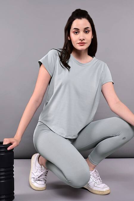 Shop_Tuna London - {Tuna Active}_Gray Polyblend Solid Round Grey Moisture-wicking Top And Legging Set_Online_at_Aza_Fashions