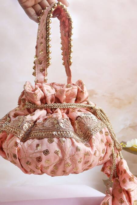 Soho Boho Studio By Aarti Thakur_Peach Zari Thread Sequin Embroidered Potli _Online_at_Aza_Fashions