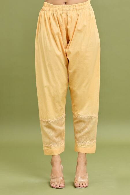 Jyoti Bansal_Yellow Chanderi, Kota Doria, Cotton Tassels, Embroidery Split V-neck Kurta Set_Online_at_Aza_Fashions