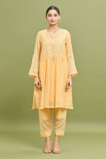 Buy_Jyoti Bansal_Yellow Chanderi, Kota Doria, Cotton Tassels, Embroidery Split V-neck Kurta Set_Online_at_Aza_Fashions