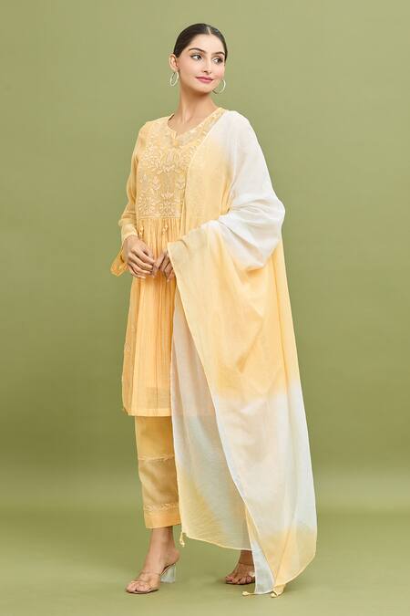 Shop_Jyoti Bansal_Yellow Chanderi, Kota Doria, Cotton Tassels, Embroidery Split V-neck Kurta Set_Online_at_Aza_Fashions