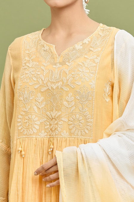 Jyoti Bansal_Yellow Chanderi, Kota Doria, Cotton Tassels, Embroidery Split V-neck Kurta Set_at_Aza_Fashions