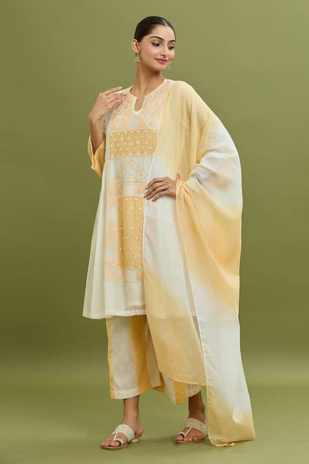 Buy_Jyoti Bansal_Yellow Chanderi, Cotton, Kota Doria Embroidery Split V-neck Floral Kurta Set _Online_at_Aza_Fashions