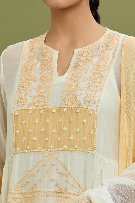 Shop_Jyoti Bansal_Yellow Chanderi, Cotton, Kota Doria Embroidery Split V-neck Floral Kurta Set _Online_at_Aza_Fashions