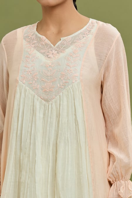 Shop_Jyoti Bansal_Peach Chanderi, Cotton, Kota Doria Embroidery, Tassels Floral Yoke Kurta Set _Online_at_Aza_Fashions