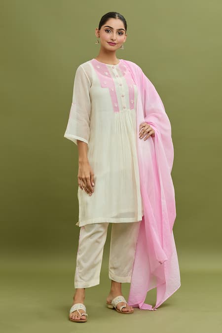 Buy_Jyoti Bansal_Off White Chanderi, Cotton, Kota Doria Embroidery Round Placement Kurta Set _Online_at_Aza_Fashions