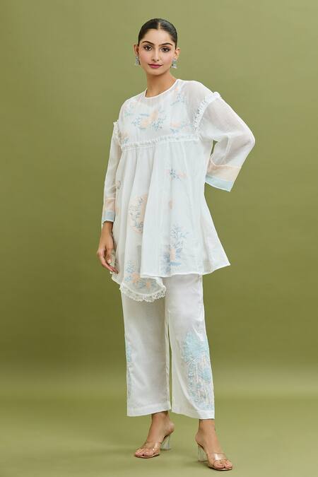 Buy Jyoti Bansal White Kota Doria, Cotton Embroidery Round Neck Thread Kurta And Pant Set Online at Aza Fashions Buy_Jyoti Bansal_White Kota Doria, Cotton Embroidery Round Neck Thread Kurta And Pant Set _Online_at_Aza_Fashions