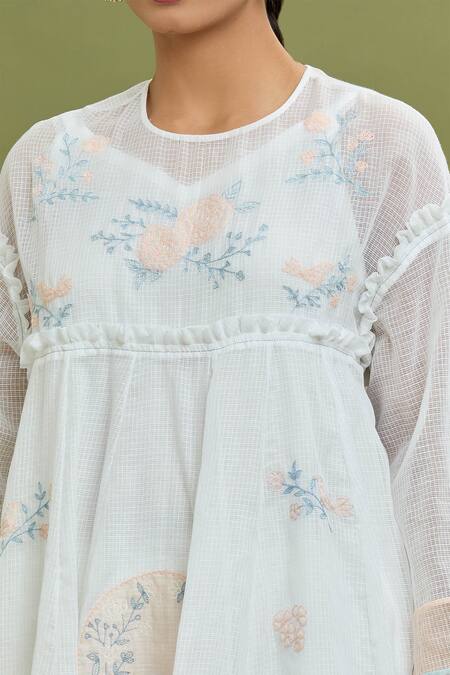 Shop Jyoti Bansal White Kota Doria, Cotton Embroidery Round Neck Thread Kurta And Pant Set Online at Aza Fashions Shop_Jyoti Bansal_White Kota Doria, Cotton Embroidery Round Neck Thread Kurta And Pant Set _Online_at_Aza_Fashions