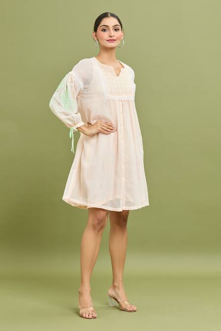 Buy_Jyoti Bansal_Peach Kota Embroidery Thread Notched Tunic _Online_at_Aza_Fashions
