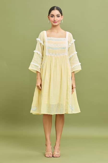 Jyoti Bansal_Yellow Kota Doria Lace Square Neck Thread Embroidered Dress _Online_at_Aza_Fashions