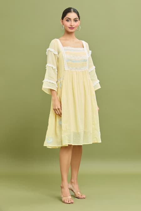 Buy_Jyoti Bansal_Yellow Kota Doria Lace Square Neck Thread Embroidered Dress _Online_at_Aza_Fashions