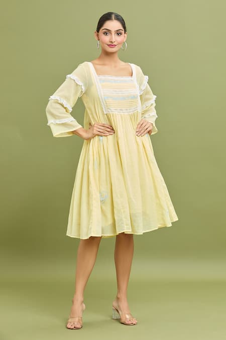 Shop_Jyoti Bansal_Yellow Kota Doria Lace Square Neck Thread Embroidered Dress _Online_at_Aza_Fashions