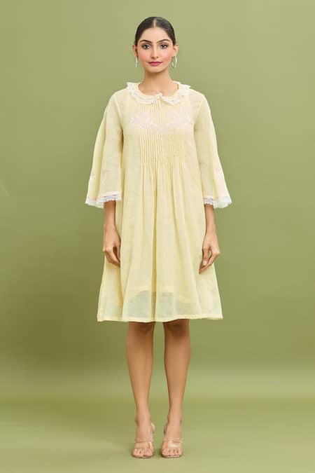Jyoti Bansal_Yellow Kota Doria Embroidery Collared Floral Pintuck Dress_Online_at_Aza_Fashions