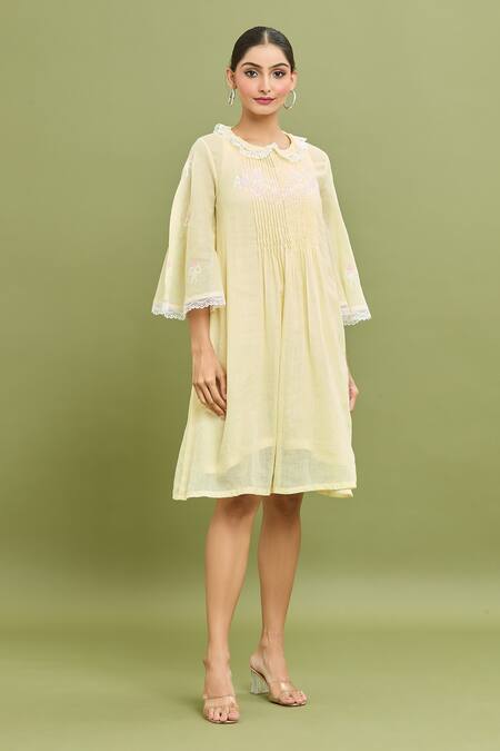 Buy_Jyoti Bansal_Yellow Kota Doria Embroidery Collared Floral Pintuck Dress_Online_at_Aza_Fashions