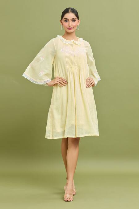 Shop_Jyoti Bansal_Yellow Kota Doria Embroidery Collared Floral Pintuck Dress_Online_at_Aza_Fashions