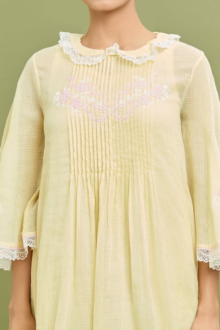 Jyoti Bansal_Yellow Kota Doria Embroidery Collared Floral Pintuck Dress_at_Aza_Fashions