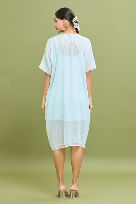 Shop_Jyoti Bansal_Blue Kota Doria Lace Round Neck Bow Embroidered Dress _at_Aza_Fashions