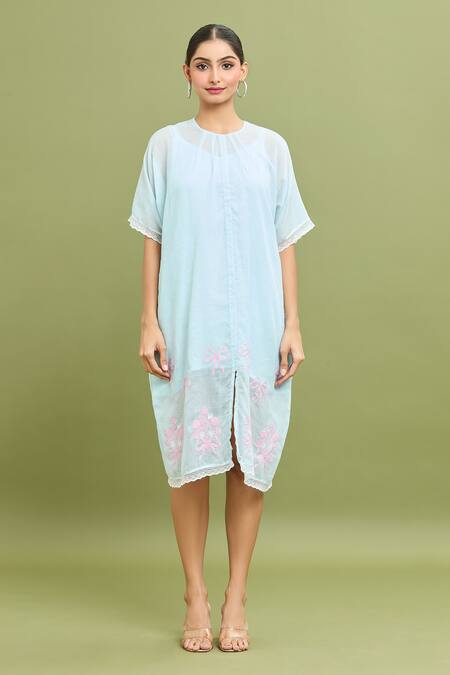 Jyoti Bansal_Blue Kota Doria Lace Round Neck Bow Embroidered Dress _Online_at_Aza_Fashions