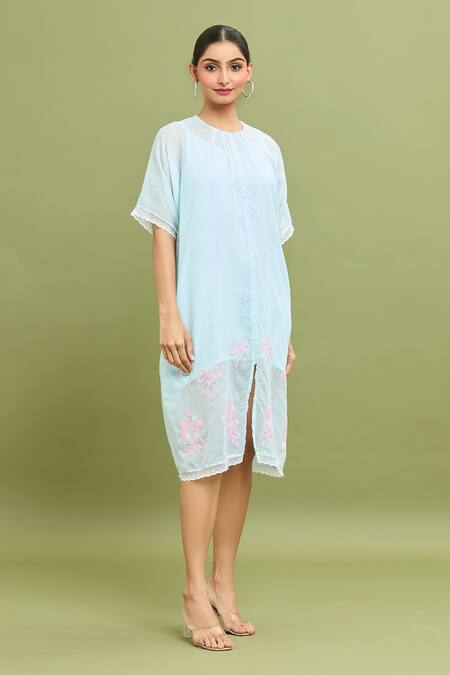 Buy_Jyoti Bansal_Blue Kota Doria Lace Round Neck Bow Embroidered Dress _Online_at_Aza_Fashions
