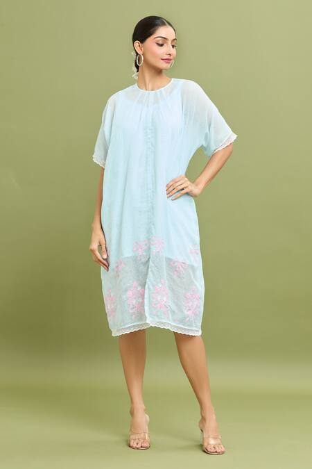 Shop_Jyoti Bansal_Blue Kota Doria Lace Round Neck Bow Embroidered Dress _Online_at_Aza_Fashions