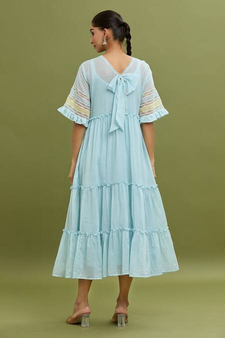 Shop_Jyoti Bansal_Blue Kota Doria Lace, Embroidery Round Neck Thread Work Dress _at_Aza_Fashions