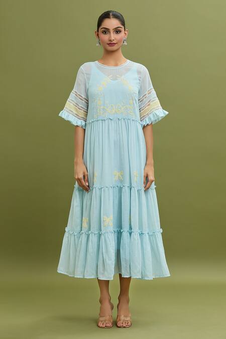 Jyoti Bansal_Blue Kota Doria Lace, Embroidery Round Neck Thread Work Dress _Online_at_Aza_Fashions