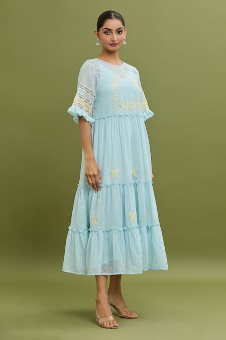Buy_Jyoti Bansal_Blue Kota Doria Lace, Embroidery Round Neck Thread Work Dress _Online_at_Aza_Fashions