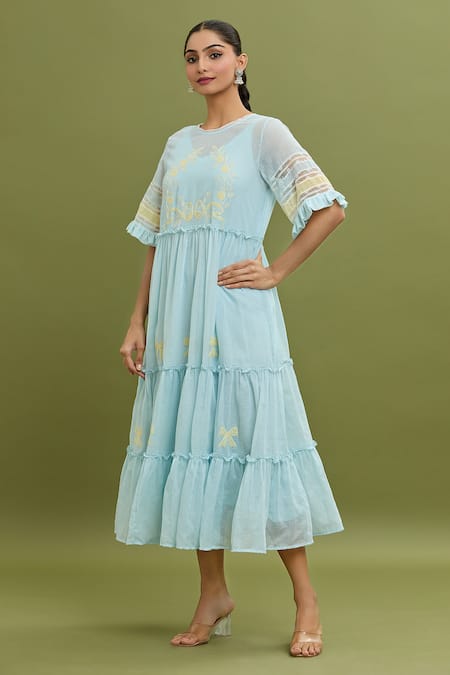 Shop_Jyoti Bansal_Blue Kota Doria Lace, Embroidery Round Neck Thread Work Dress _Online_at_Aza_Fashions