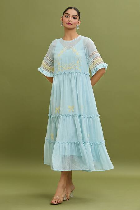 Jyoti Bansal_Blue Kota Doria Lace, Embroidery Round Neck Thread Work Dress _at_Aza_Fashions