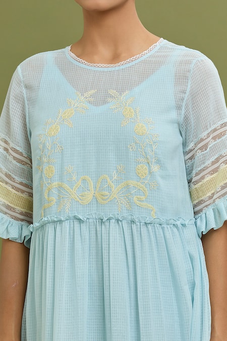 Buy_Jyoti Bansal_Blue Kota Doria Lace, Embroidery Round Neck Thread Work Dress 