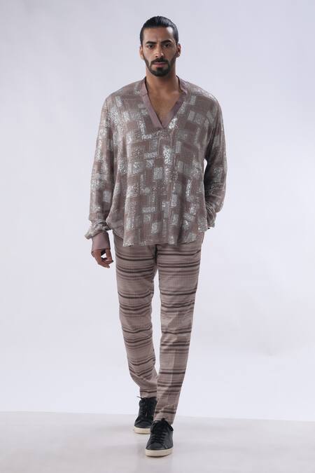 Buy_Kommal Sood_Brown Cotton Silk Geometric Jacket And Stripe Trouser Set  _Online_at_Aza_Fashions