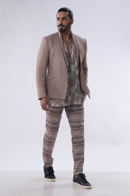 Kommal Sood Geometric Pattern Jacket Stripe Pattern Trouser Set 