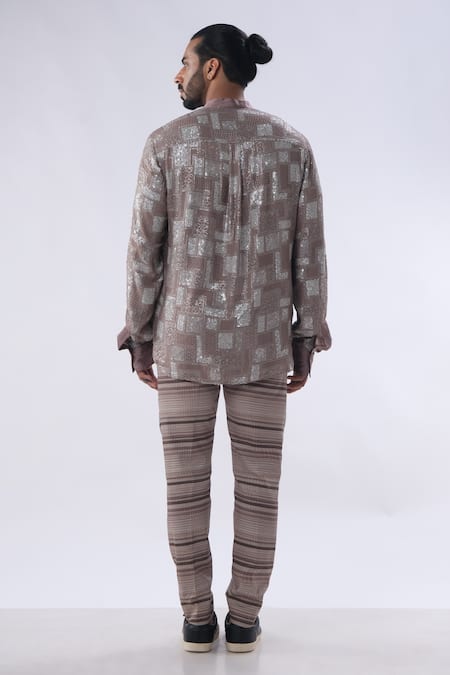 Shop Kommal Sood Brown Georgette And Cotton Embroidery Sequins Work Shirt With Trouser at Aza Fashions Shop_Kommal Sood_Brown Georgette And Cotton Embroidery Sequins Work Shirt With Trouser _at_Aza_Fashions