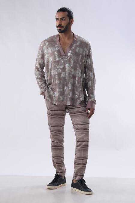 Kommal Sood Brown Georgette And Cotton Embroidery Sequins Work Shirt With Trouser Online at Aza Fashions Kommal Sood_Brown Georgette And Cotton Embroidery Sequins Work Shirt With Trouser _Online_at_Aza_Fashions