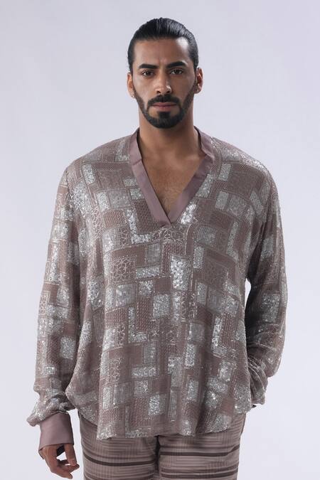 Shop Kommal Sood Brown Georgette And Cotton Embroidery Sequins Work Shirt With Trouser Online at Aza Fashions Shop_Kommal Sood_Brown Georgette And Cotton Embroidery Sequins Work Shirt With Trouser _Online_at_Aza_Fashions