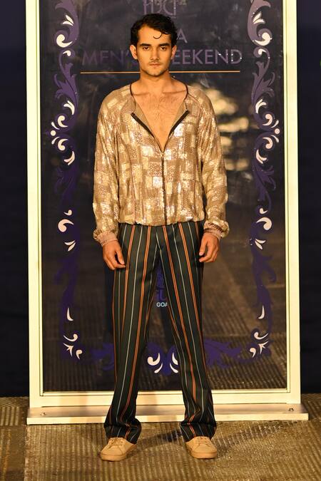 Kommal Sood_Brown Georgette And Cotton Embroidery Sequins Bomber Jacket With Trouser  _Online_at_Aza_Fashions