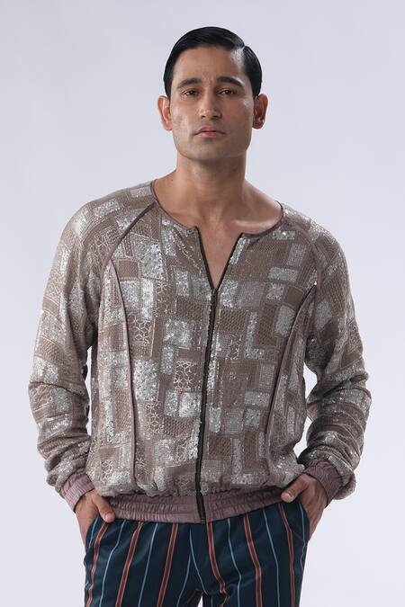 Buy Kommal Sood Brown Georgette And Cotton Embroidery Sequins Bomber Jacket With Trouser Online at Aza Fashions Buy_Kommal Sood_Brown Georgette And Cotton Embroidery Sequins Bomber Jacket With Trouser _Online_at_Aza_Fashions