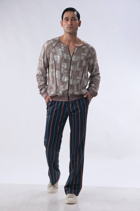 Shop Kommal Sood Brown Georgette And Cotton Embroidery Sequins Bomber Jacket With Trouser Online at Aza Fashions Shop_Kommal Sood_Brown Georgette And Cotton Embroidery Sequins Bomber Jacket With Trouser _Online_at_Aza_Fashions