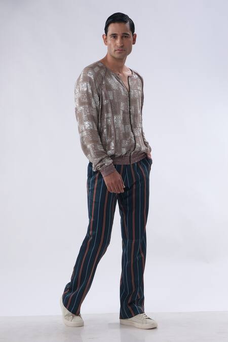 Kommal Sood Brown Georgette And Cotton Embroidery Sequins Bomber Jacket With Trouser at Aza Fashions Kommal Sood_Brown Georgette And Cotton Embroidery Sequins Bomber Jacket With Trouser _at_Aza_Fashions