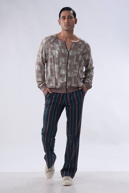 Buy Kommal Sood Brown Georgette And Cotton Embroidery Sequins Bomber Jacket With Trouser Buy_Kommal Sood_Brown Georgette And Cotton Embroidery Sequins Bomber Jacket With Trouser