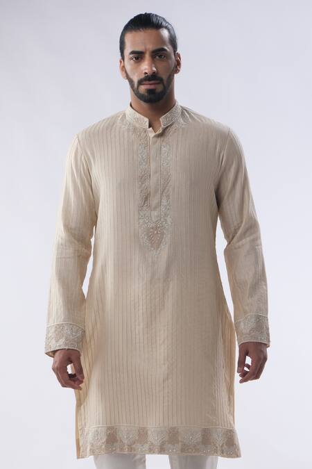 Buy_Kommal Sood_Peach Chanderi, Cotton Resham Embroidered Placket Kurta With Churidar _Online_at_Aza_Fashions