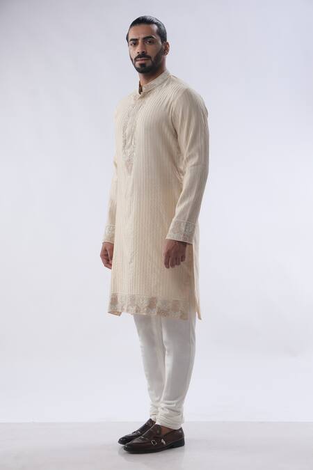 Shop_Kommal Sood_Peach Chanderi, Cotton Resham Embroidered Placket Kurta With Churidar _Online_at_Aza_Fashions