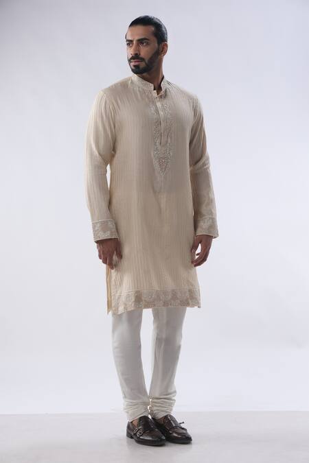 Kommal Sood_Peach Chanderi, Cotton Resham Embroidered Placket Kurta With Churidar _at_Aza_Fashions