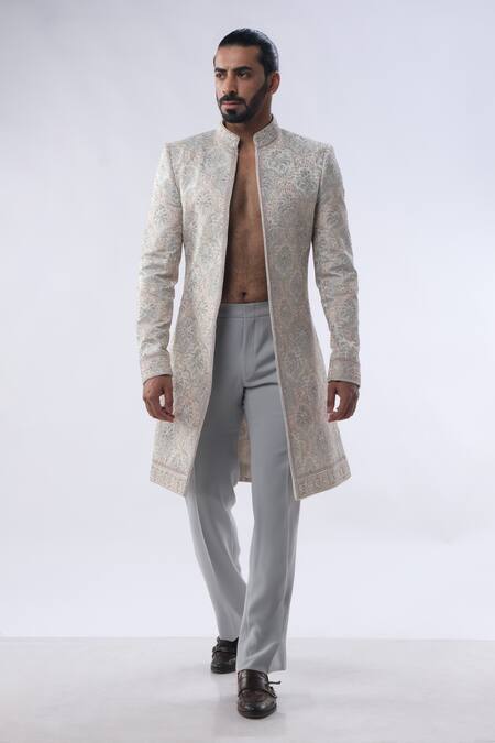 Buy Kommal Sood Off White Silk And Embroidery Dori Sherwani With Trouser Online at Aza Fashions Buy_Kommal Sood_Off White Silk And Embroidery Dori Sherwani With Trouser _Online_at_Aza_Fashions