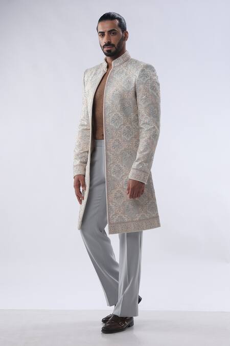 Shop Kommal Sood Off White Silk And Embroidery Dori Sherwani With Trouser Online at Aza Fashions Shop_Kommal Sood_Off White Silk And Embroidery Dori Sherwani With Trouser _Online_at_Aza_Fashions