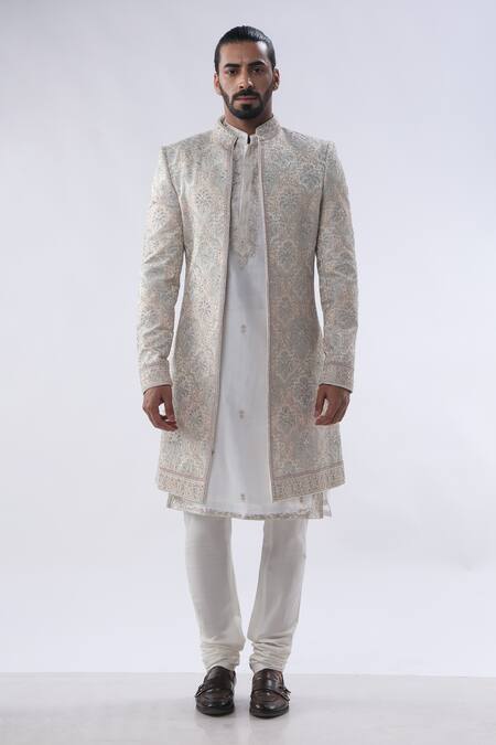 Shop Kommal Sood Off White Cotton Silk And Chanderi Embroidery Dori Sherwani Churidar Set Online at Aza Fashions Shop_Kommal Sood_Off White Cotton Silk And Chanderi Embroidery Dori Sherwani Churidar Set _Online_at_Aza_Fashions