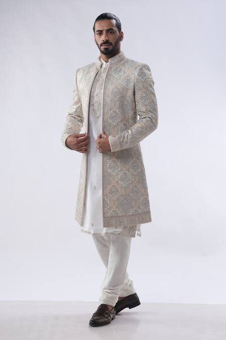 Kommal Sood Off White Cotton Silk And Chanderi Embroidery Dori Sherwani Churidar Set at Aza Fashions Kommal Sood_Off White Cotton Silk And Chanderi Embroidery Dori Sherwani Churidar Set _at_Aza_Fashions