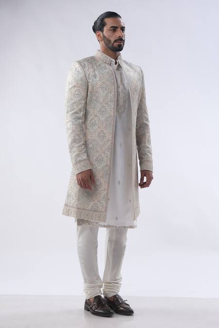 Buy Kommal Sood Off White Cotton Silk And Chanderi Embroidery Dori Sherwani Churidar Set Buy_Kommal Sood_Off White Cotton Silk And Chanderi Embroidery Dori Sherwani Churidar Set