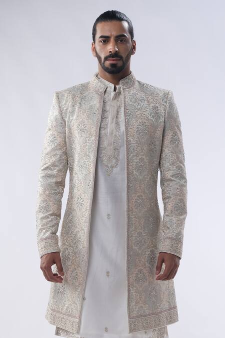 Shop Kommal Sood Off White Cotton Silk And Chanderi Embroidery Dori Sherwani Churidar Set Shop_Kommal Sood_Off White Cotton Silk And Chanderi Embroidery Dori Sherwani Churidar Set