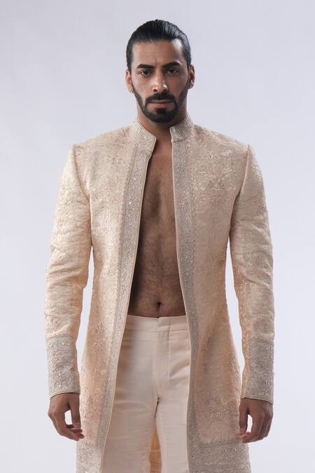 Buy_Kommal Sood_Peach Silk And Embroidery Front Open Sherwani With Trouser  _Online_at_Aza_Fashions